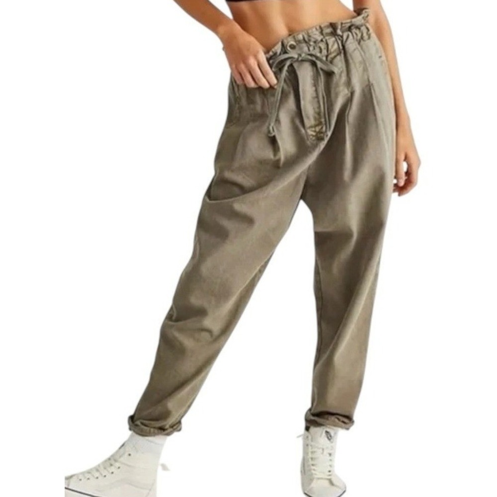 Free People Margate Pleated Harem Paper Bag Olive Utility Pants Small New